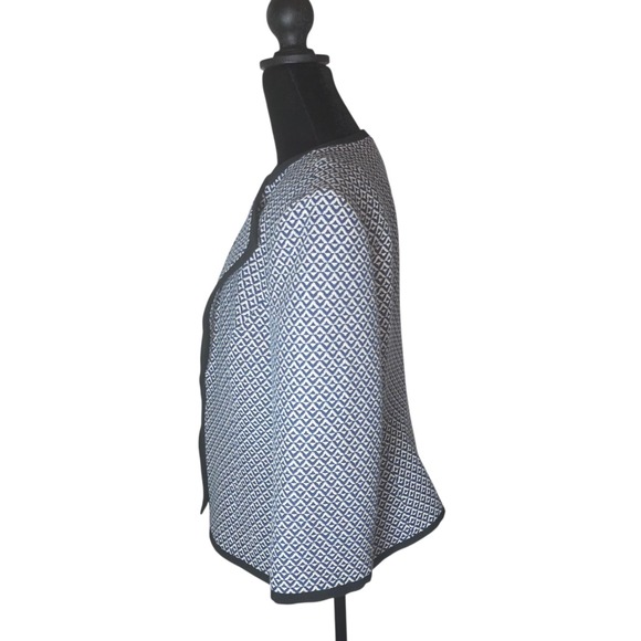 Kasper Blazer Size 10 Blue White Geometric Open Front Career Jacket 3/4 Sleeve - Picture 2 of 9